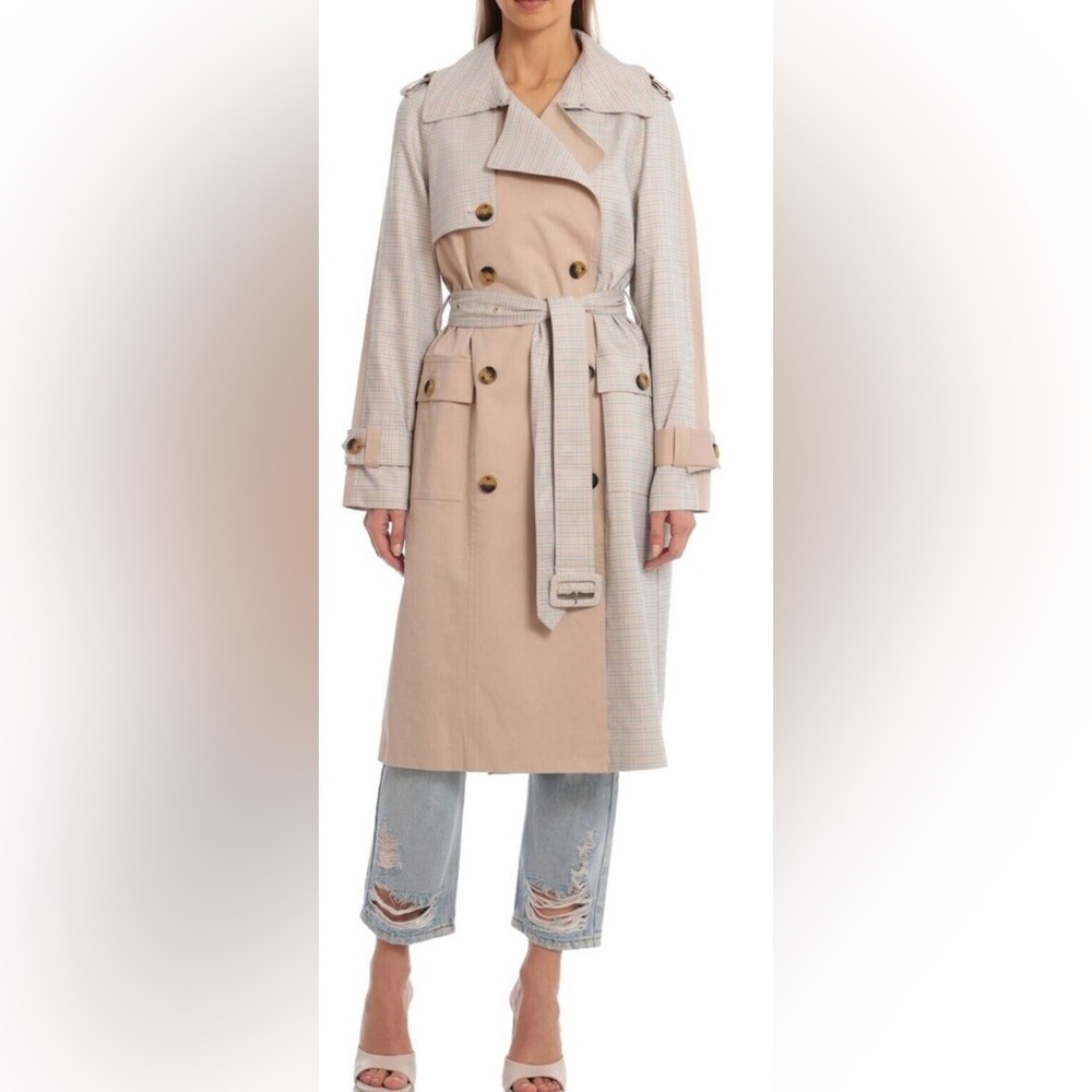NWT! Avec Les Filles L mixed plaid trench coat